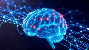 Imagem de um cérebro em um estilo digital, com conexões e pontos de luz, simbolizando a tecnologia e o funcionamento da mente humana.
